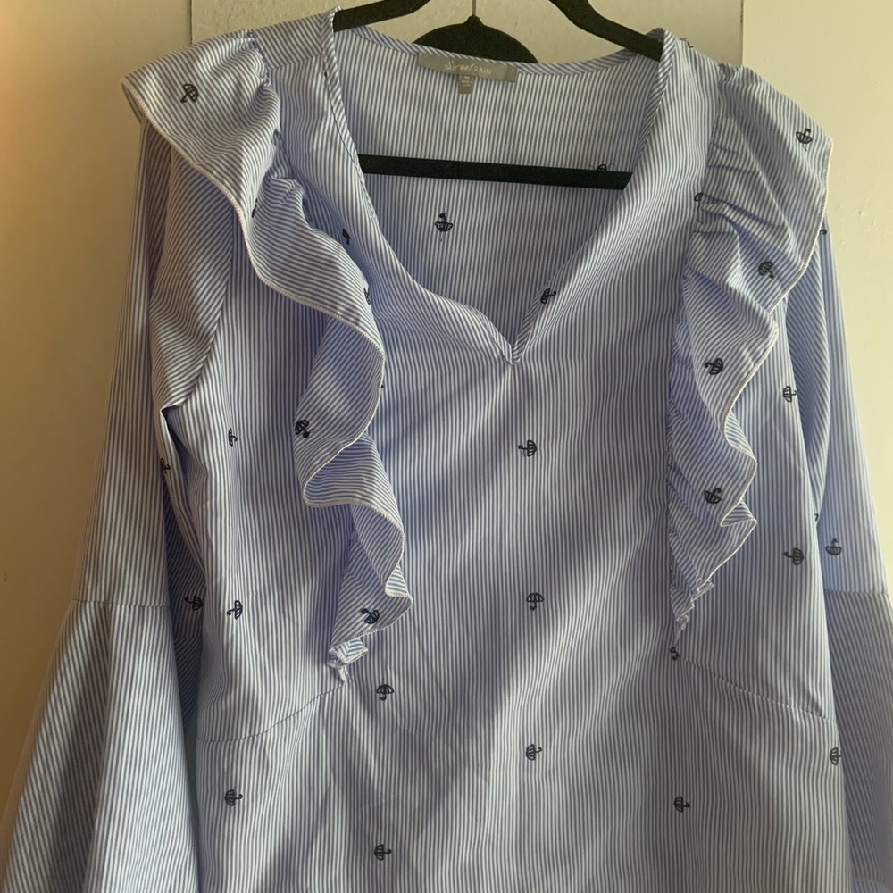 Blue Striped Ruffle Blouse
